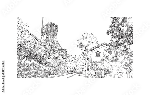 Building view with landmark of Rapallo is the municipality in Italy. Hand drawn sketch illustration in vector.