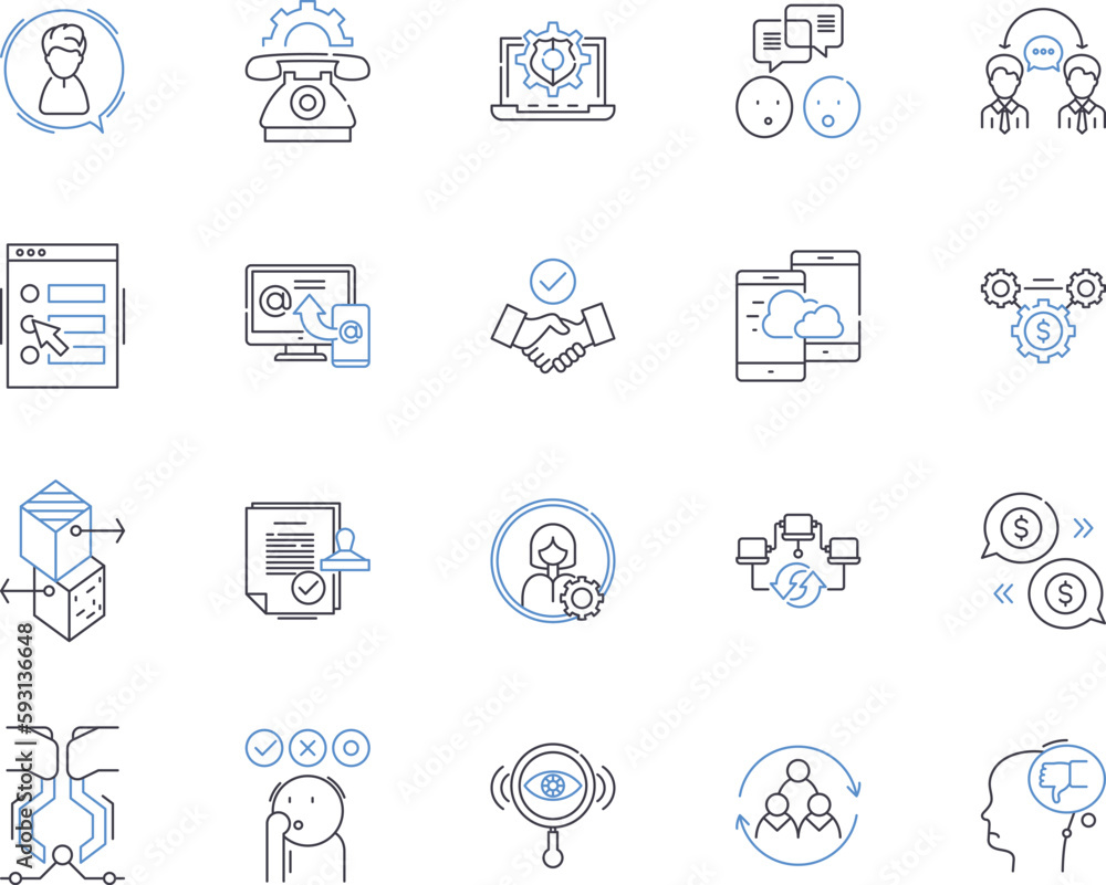 Partner relations outline icons collection. Partners, Relations, Collaboration, Bonding, Networking, Connections, Association vector and illustration concept set. Alliances, Affinity, Interaction