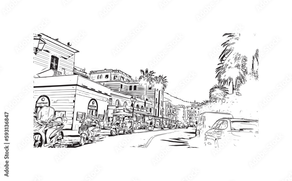 Building view with landmark of  Rapallo is the municipality in Italy. Hand drawn sketch illustration in vector.