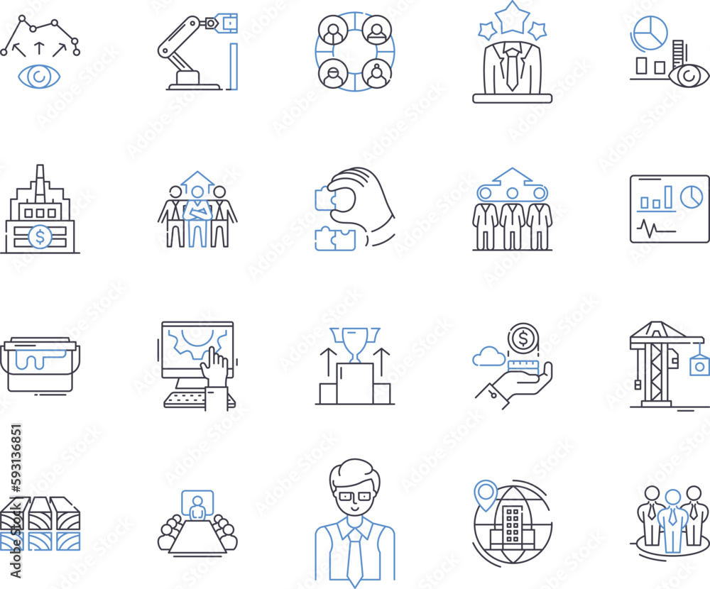 Production business outline icons collection. Manufacturing, Processing, Manufacture, Production, Fabrication, Assembling, Building vector and illustration concept set. Forming, Crafting, Constructing