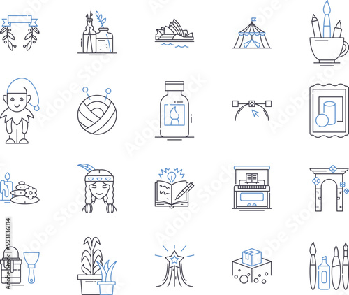 DIY projects outline icons collection. Crafts, Modelling, Building, Decorating, Restoring, Painting, Drawing vector and illustration concept set. Upcycling, Sewing, Knitting linear signs