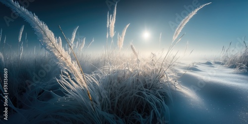 Frozen grass covered with white frost against the backdrop of a beautiful blue sky and fluffy white fog. Generative AI