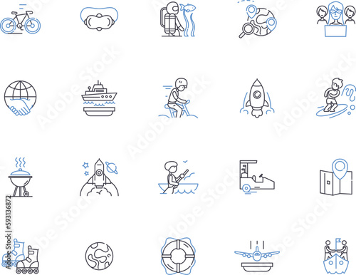 Adventure outline icons collection. Exploration, Trekking, Hiking, Backpacking, Mountaineering, Climbing, Camping vector and illustration concept set. Kayaking, Rafting, Canoeing linear signs