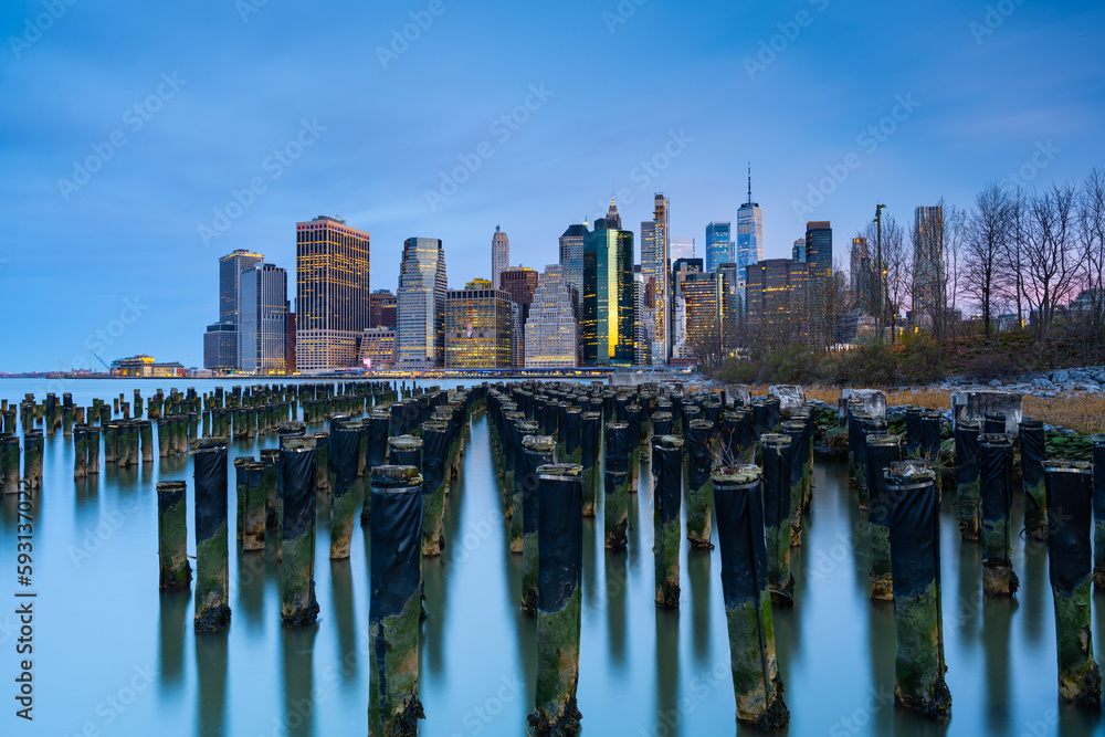 lower Manhattan skyline before sunrise, New York City skyline, blue hour