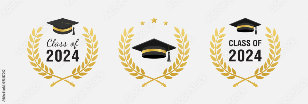 Set of class of 2024 graduation award emblem design template isolated,  graduation cap with laurel wreath in gold color Stock Vector