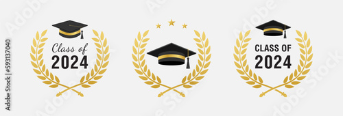 Set of class of 2024 graduation award emblem design template isolated, graduation cap with laurel wreath in gold color photo