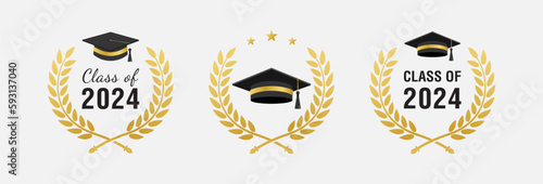 Set of class of 2024 graduation award emblem design template isolated, graduation cap with laurel wreath in gold color