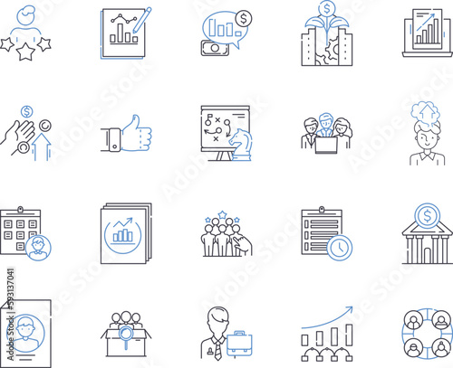 Work efficiency outline icons collection. Productivity, Effectiveness, Proficiency, Quickness, Speed, Dynamism, Skillfulness vector and illustration concept set. Preciseness, Competence, Systematic