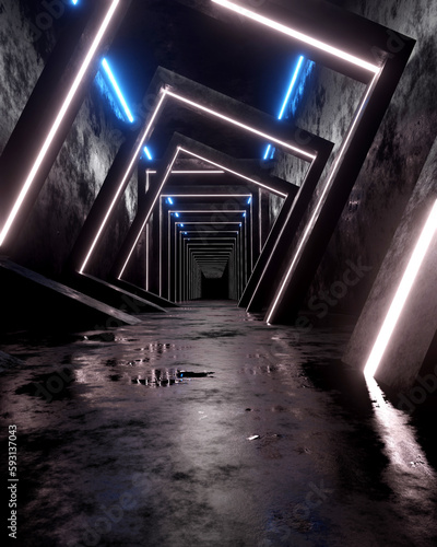 Fototapeta Naklejka Na Ścianę i Meble -  3D rendering Neon tunnel hall in an empty abstract futuristic dark room