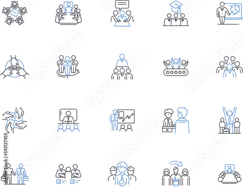 Meeting outline icons collection. Conclave, Conference, Forum, Gathering, Dialogue, Symposium, Rendezvous vector and illustration concept set. Assemblage, Caucus, Colloquy linear signs