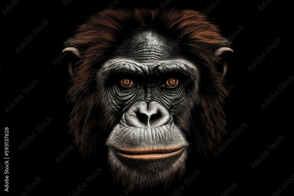 close-up of a monkeys face on a black background. Generative AI close-up of a monkeys face on a black background. Generative AI