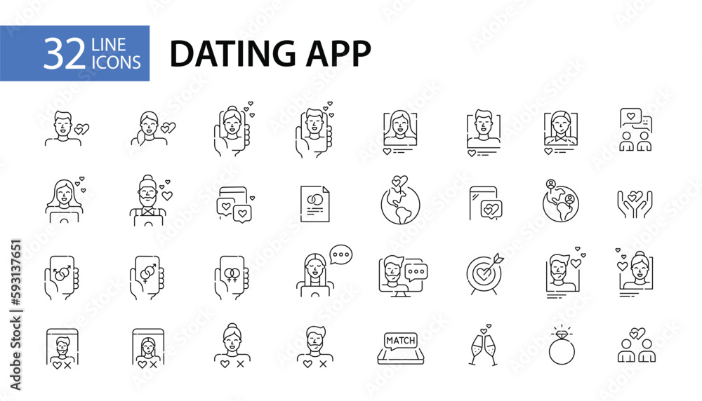 32 Dating app user profiles and interactions icons. Finding match, romantic attraction and long-term relationships