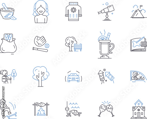 Free time and trips outline icons collection. Leisure, Vacation, Freedom, Holidays, Excursion, Outings, Playtime vector and illustration concept set. Adventures, Travel, Journeys linear signs