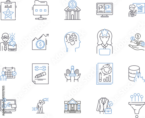 Business decisions outline icons collection. Strategy, Planning, Solutions, Risk, Analysis, Measurement, Investment vector and illustration concept set. Budgeting, Profitability, Performance linear