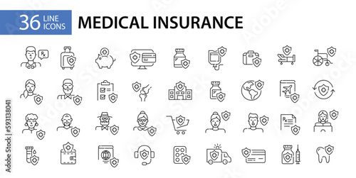 36 medical insurance healthcare plan icons. Hospital room, policy, international coverage and others. Pixel perfect