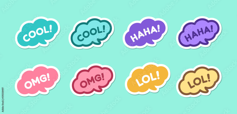 Cute speech bubble with short phrases cool, omg, haha, lol online messaging icon sticker set. Simple flat vector illustration. Cute speech bubble with short phrases cool, omg, haha, lol online messaging icon sticker set. Simple flat vector illustration.