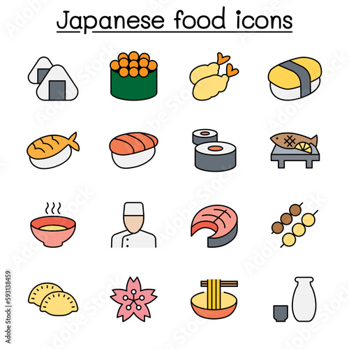 Japanese food color line icon set