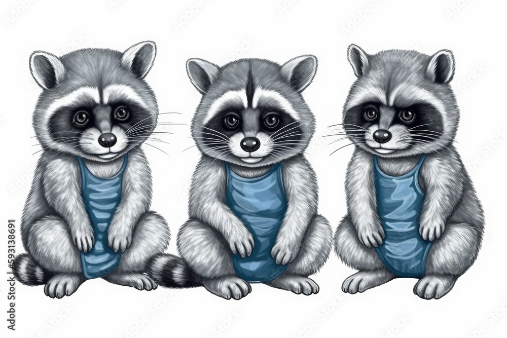 Fototapeta premium three raccoons sitting together in a forest clearing. Generative AI