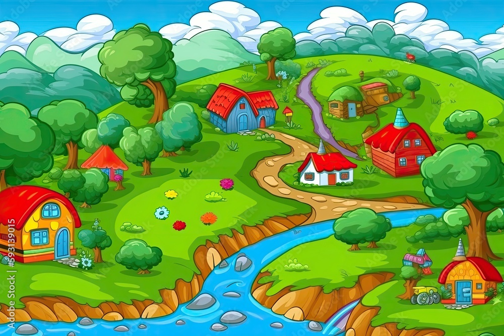 Obraz premium charming countryside scene with a flowing river and cozy cottages. Generative AI