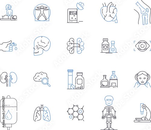 Health treatment outline icons collection. Therapy, Care, Healing, Prevention, Cure, Remedy, Medication vector and illustration concept set. Treatment, Surgery, Rehabilitation linear signs