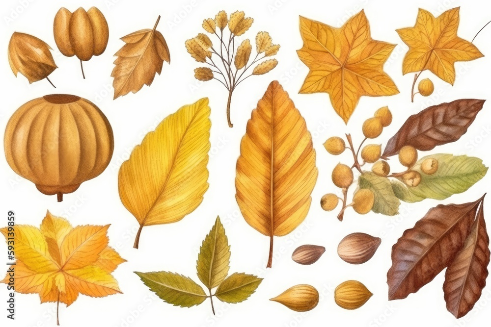 variety of leaves and nuts on a white background. Generative AI