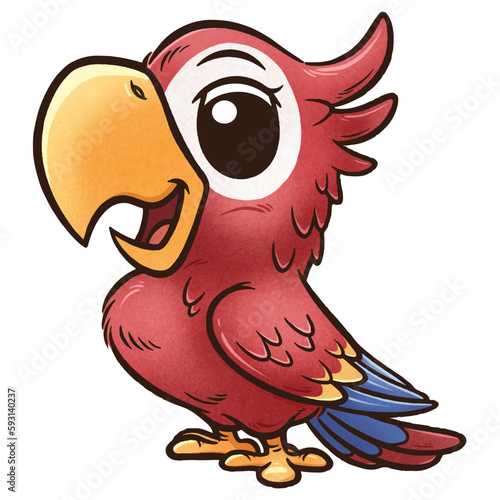 A vibrant and cheerful cartoon illustration of a parrot with expressive eyes and a playful smile. 