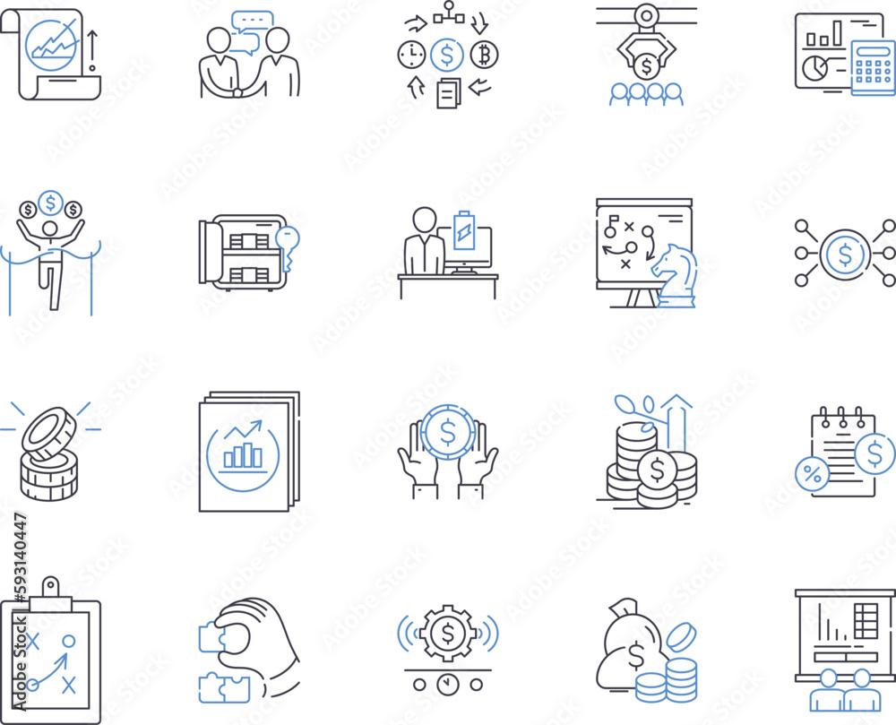 Fototapeta premium Finance business outline icons collection. Accounting, Taxation, Investment, Banking, Budgeting, Auditing, Loans vector and illustration concept set. Funds, Insolvency, Forex linear signs
