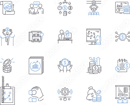 Finance business outline icons collection. Accounting, Taxation, Investment, Banking, Budgeting, Auditing, Loans vector and illustration concept set. Funds, Insolvency, Forex linear signs