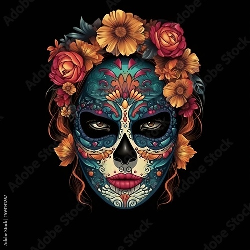 Dia de los muertos, Maxican mask girl, Generative Ai