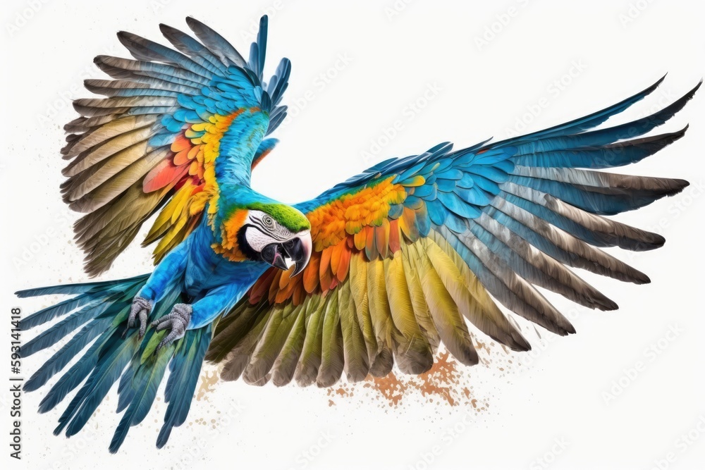 Colorful macaw parrot flying with wings spread isolated on white. Generative AI