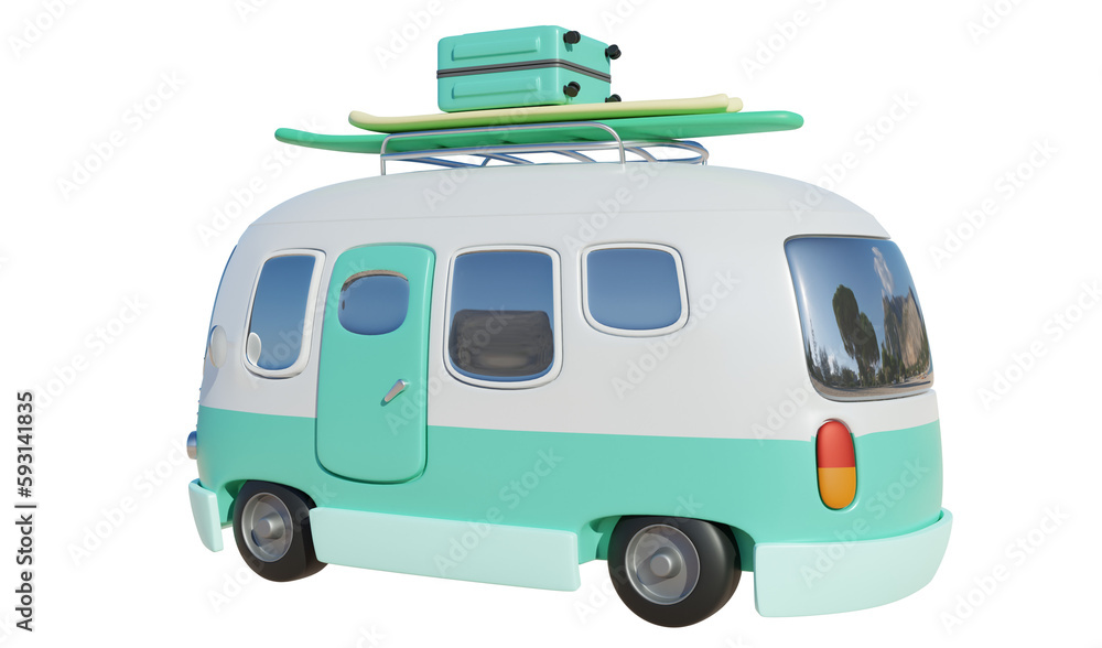 Summer vacation concept, Holiday trip, cute retro van and beach accessories. 3d rendering