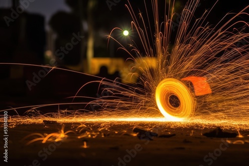 an industry-related close-up of sparks originating from a steel cutter. Generative AI