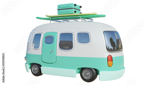 Summer vacation concept, Holiday trip, cute retro van and beach accessories. 3d rendering