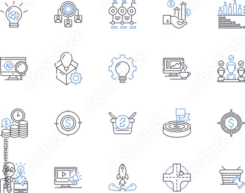Event Management outline icons collection. Organizing, Planning, Coordinating, Scheduling, Logistics, Arranging, Catering vector and illustration concept set. Booking, Promotional, Budgets linear