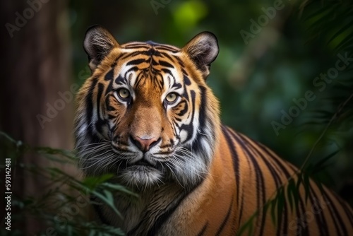A majestic tiger prowling through the lush green jungle, its orange and black stripes camouflaging it against the dense foliage. Generative AI © Kishore Newton