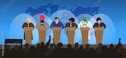 international  and multicultural politicians standing at the podium on the stage  conference meeting summit vector illustration