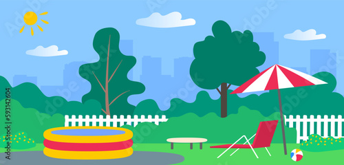 backyard view umbrella lounger inflatable pool relaxing zone fence garden vector illustration