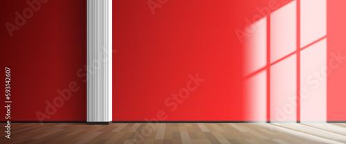 empty red wall room intertior with white column  window sun light effect vector illustration