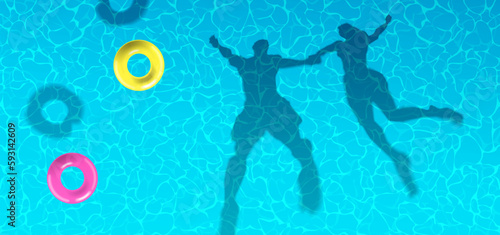 jumping couple shadow silhouette swimming pool water surface summer vacation top view vector illustration