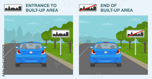 Safe car driving tips and traffic regulation rules. Entrance to built-up area and end of built-up area sign meaning. Back view of car on road. Flat vector illustration template.