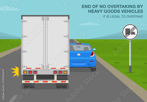Safe car driving tips and traffic regulation rules. End of no overtaking by heavy goods vehicles sign meaning. Back view of a truck passing car on road. Flat vector illustration template.