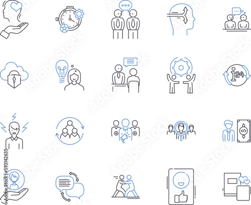 Staff studying outline icons collection. Examining, Learning, Gaining, Educating, Grasping, Delving, Investigating vector and illustration concept set. Educating, Preparing, Appraising linear signs