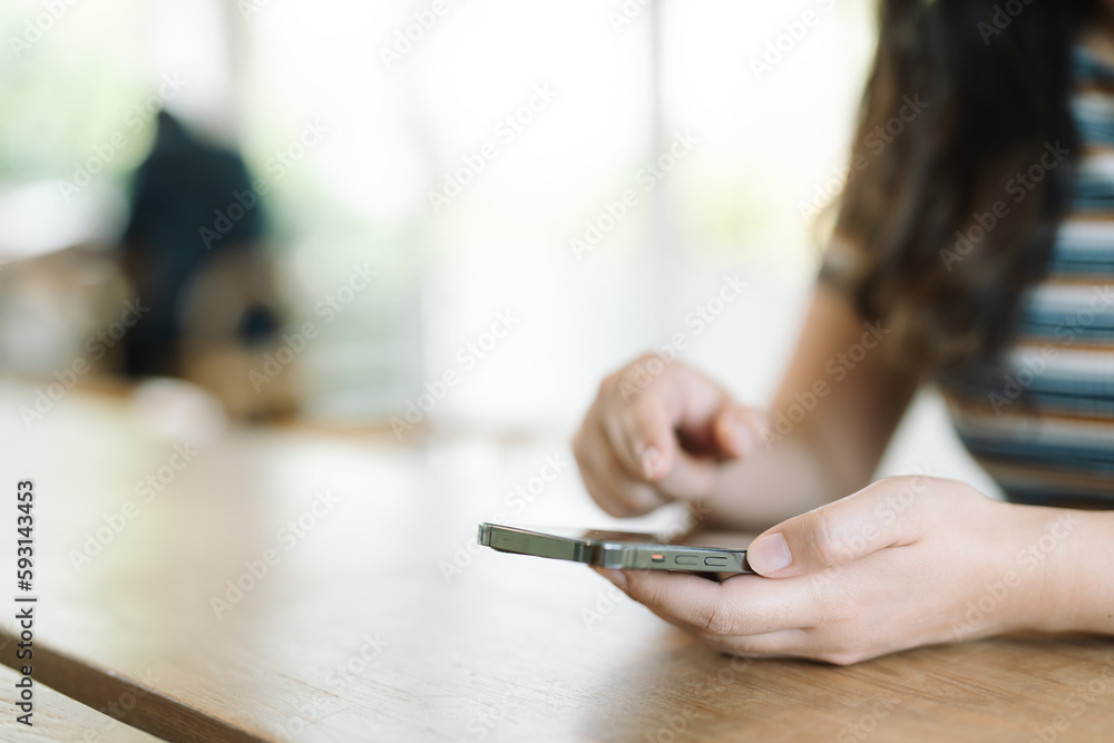 Fototapeta premium Woman texting checking social media holding smartphone at home Conversation with boyfriend or friend