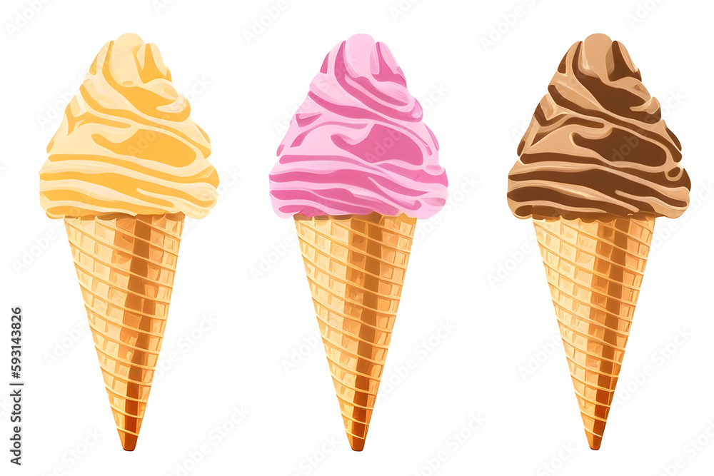 Ice Cream Cone Strawberry, Vanilla, Chocolate Isolated On White Background