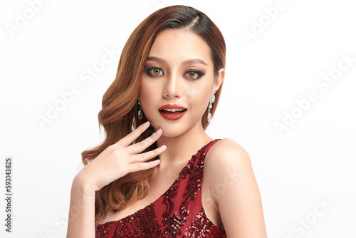 Beautiful young asian woman, with Red Dress, Elegant Woman in Sexy Evening Gown, Beautiful on White Background,