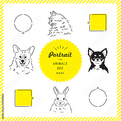 動物のポートレートイラストセット（モノクロ）