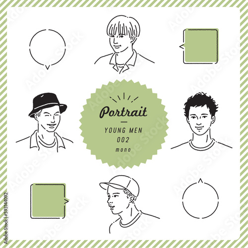 若い男性のポートレートイラストセット（モノクロ）
