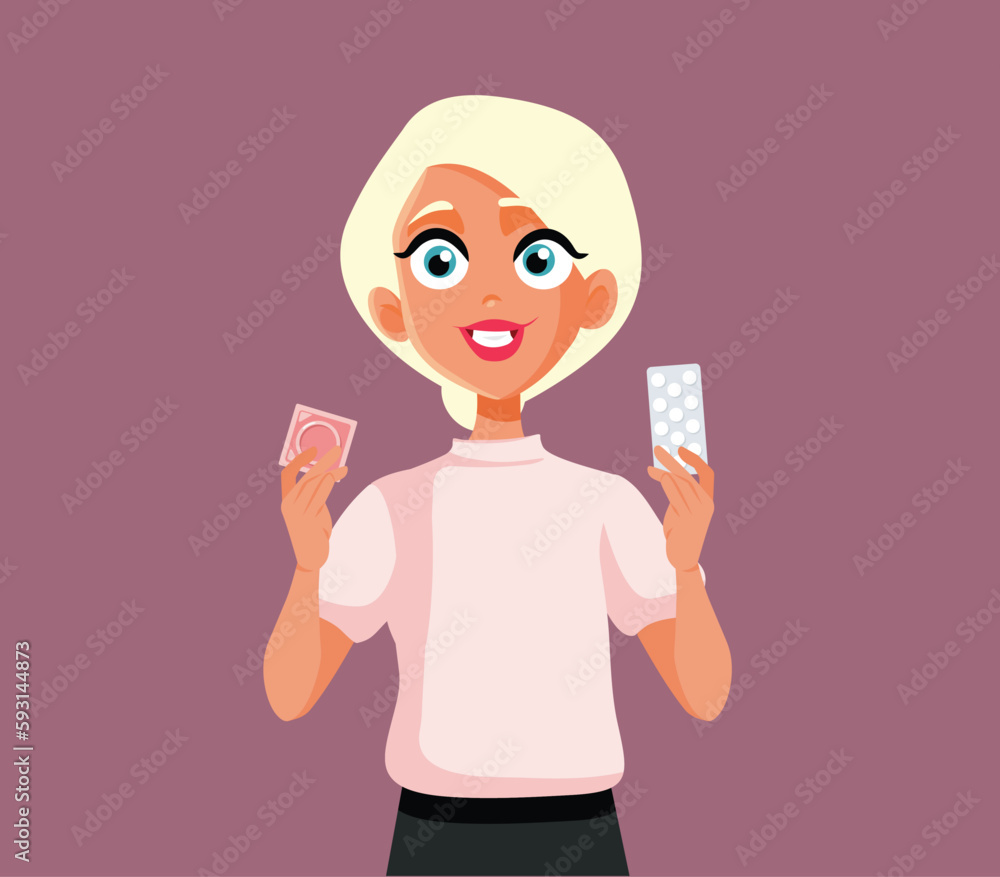 Girlfriend Holding Alternative Contraception Methods Vector Health Illustration. Happy girl choosing the right birth control option for her reproductive health 

