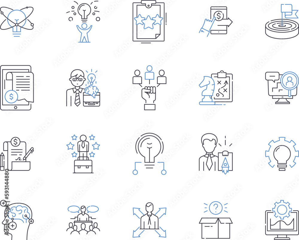Strategy planning outline icons collection. Planning, Strategy, Developing, Branding, Forecasting, Organizing, Executing vector and illustration concept set. Setting, Outlining, Proposing linear signs
