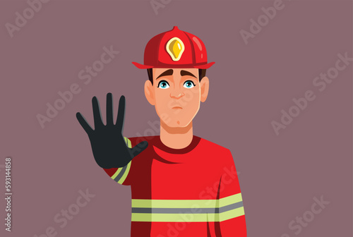 Firefighter Making a Halt Gesture Warning about Fire Vector Cartoon. Brave heroic fireman stopping disaster to happen 
